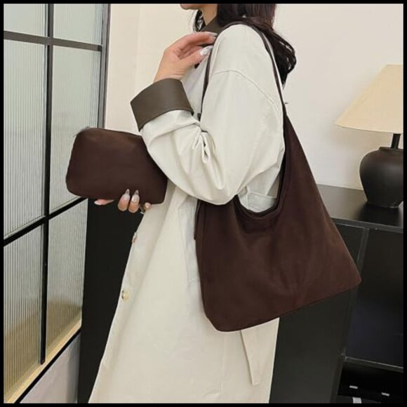 Suede Hobo Tote Bag Retro Slouchy Shoulder Crossbody Purse Large Capacity - Picture 3 of 7